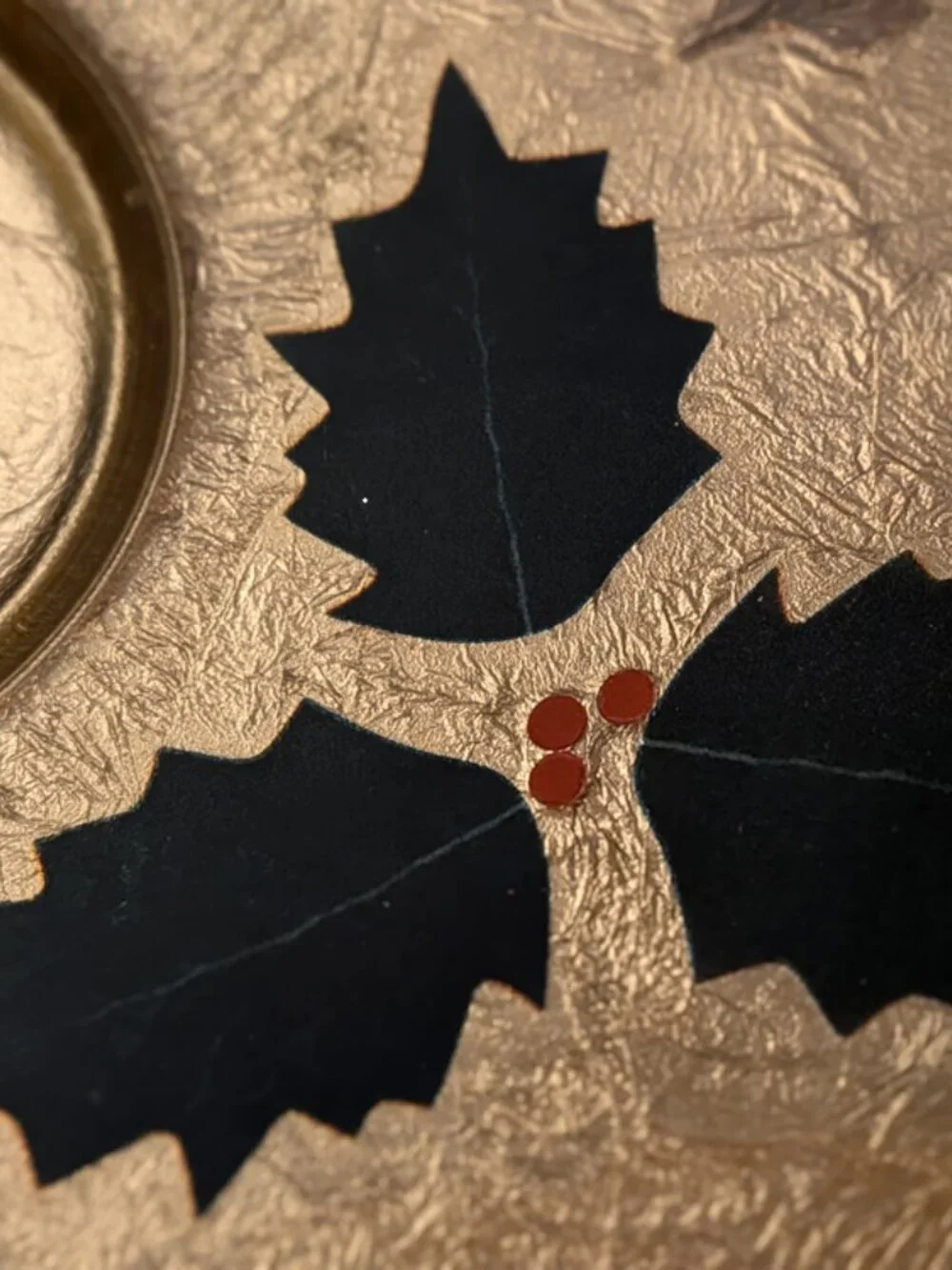 Vintage Holiday Brass Enamel Painted Bowl Christmas Holly Berries and Leaves